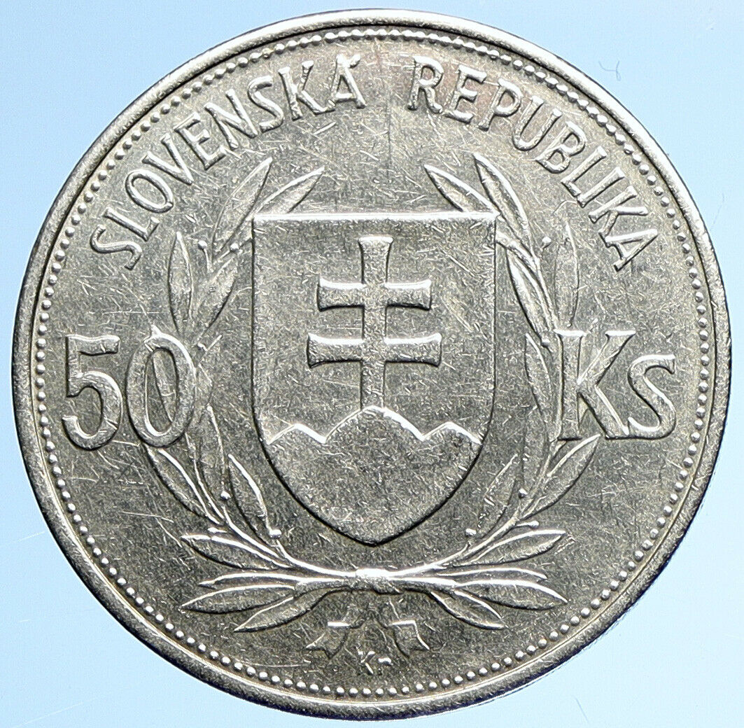 1944 SLOVAKIA REPUBLIC Jozef Tiso VINTAGE Silver 50 Korun Slovakian Coin i109878