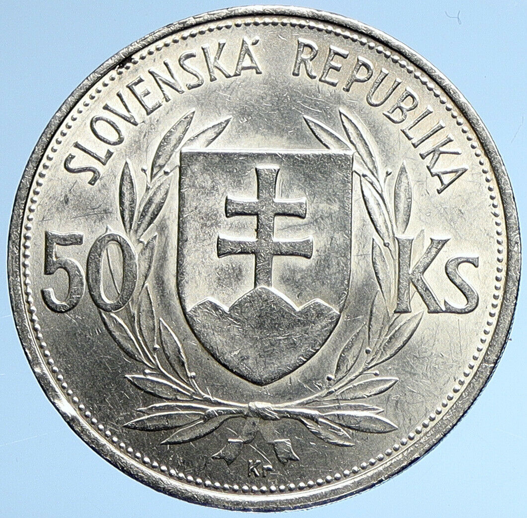 1944 SLOVAKIA REPUBLIC Jozef Tiso VINTAGE Silver 50 Korun Slovakian Coin i109879