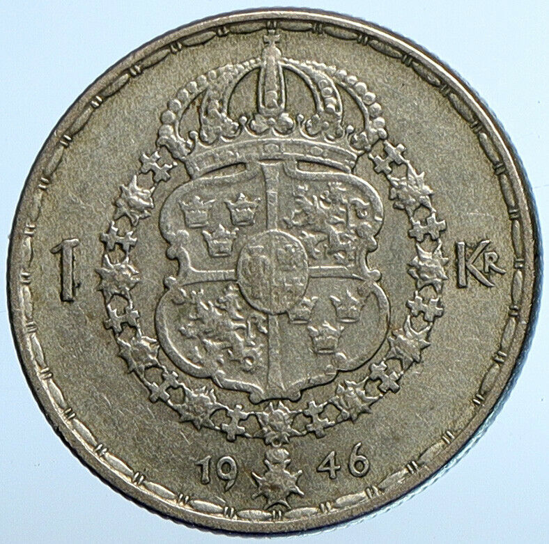 1946 SWEDEN King GUSTAV V ADOLF 1 Krona OLD Silver SWEDISH Vintage Coin i110166