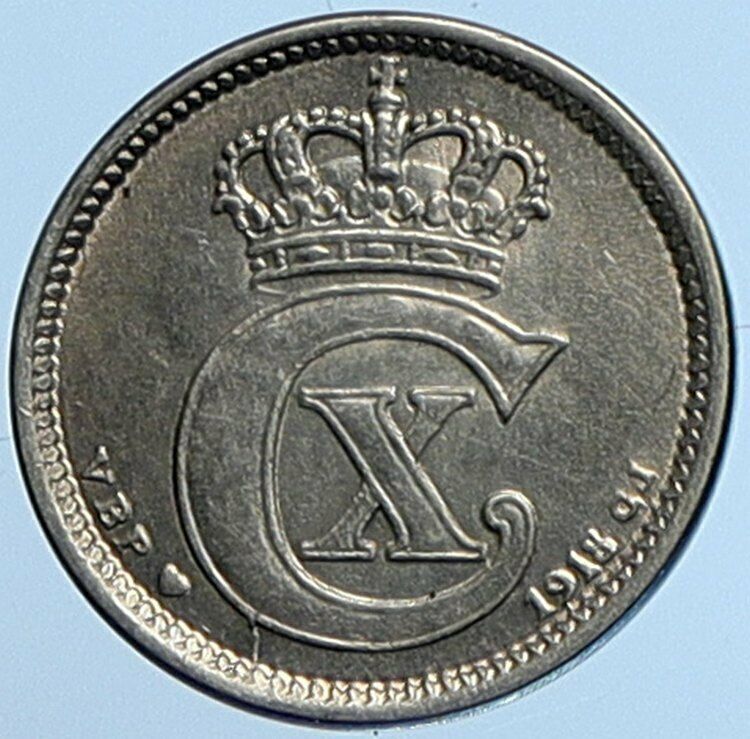 1918 DENMARK King Christian X Crown VINTAGE ANTIQUE Silver 10 ORE Coin i110168