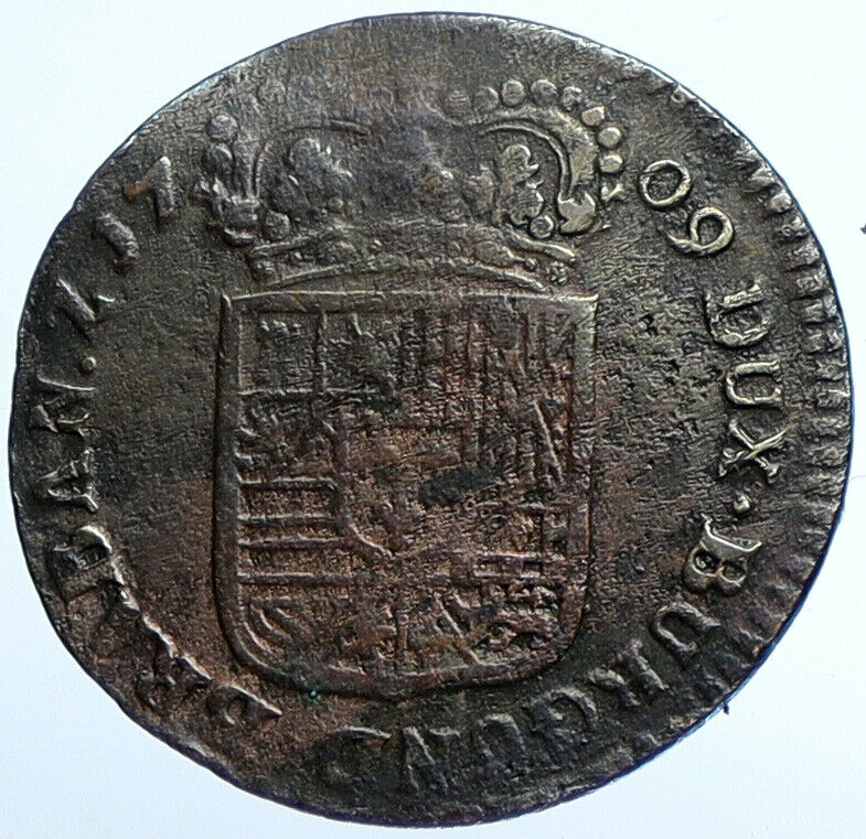 1709 NETHERLANDS under SPANISH KING Felipe V Antique OLD Liard Coin i110163