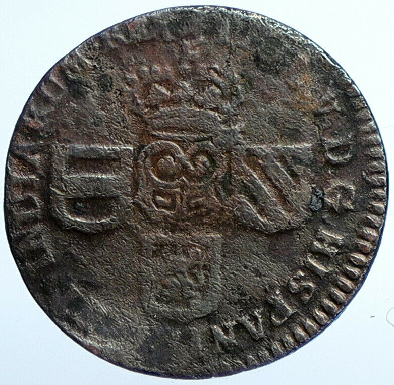 1709 NETHERLANDS under SPANISH KING Felipe V Antique OLD Liard Coin i110163