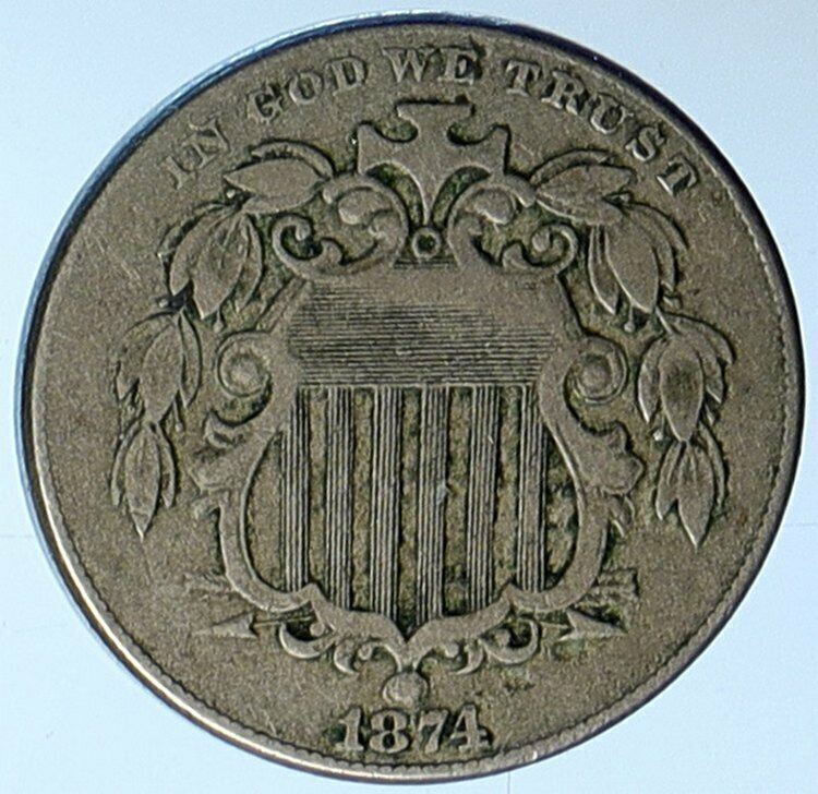 1874 United States of America USA US Shield Nickel w/o RAYS 5 Cents Coin i110139