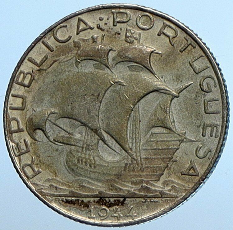 1944 PORTUGAL Sailing Boat SHIP Vintage OLD Silver 2 1/2 Escudos Coin i110136