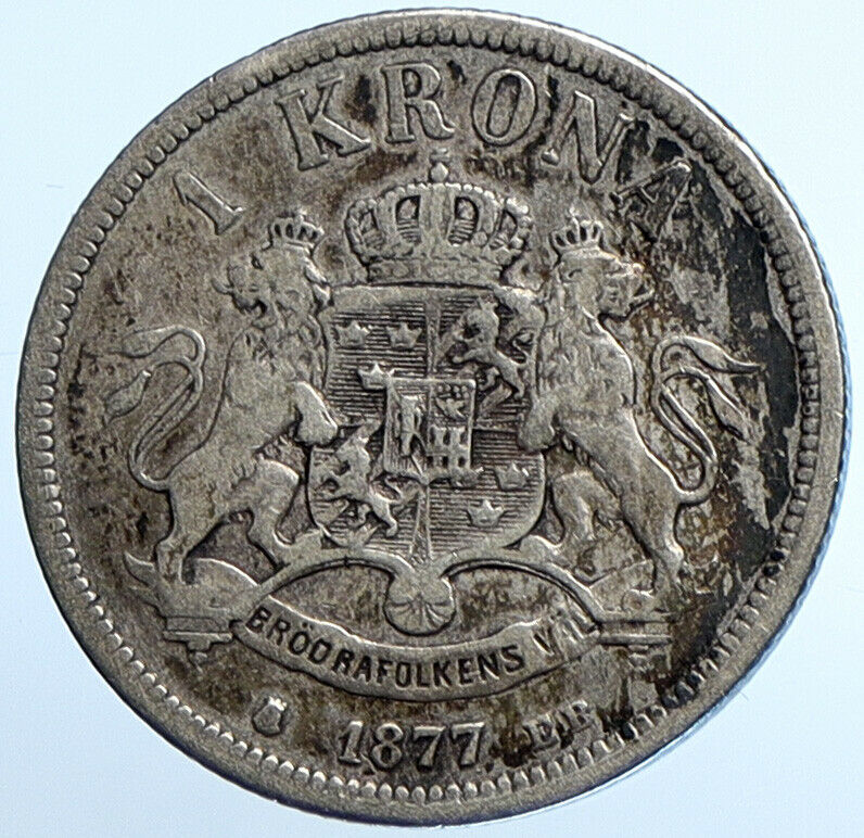 1877 SWEDEN King Oscar II Shield Antique Silver Krona SWEDISH w OCH Coin i110137