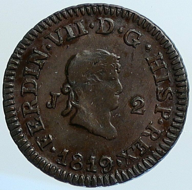 1819 SPAIN King FERDINAND VII Antique Authentic 2 Maravedis Spanish Coin i110126