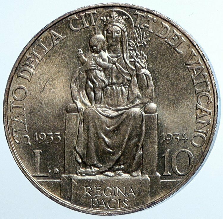 1934 VATICAN CITY Italy POPE PIUS XI Papal JUBILEE Italian 10 Lire Coin i110245