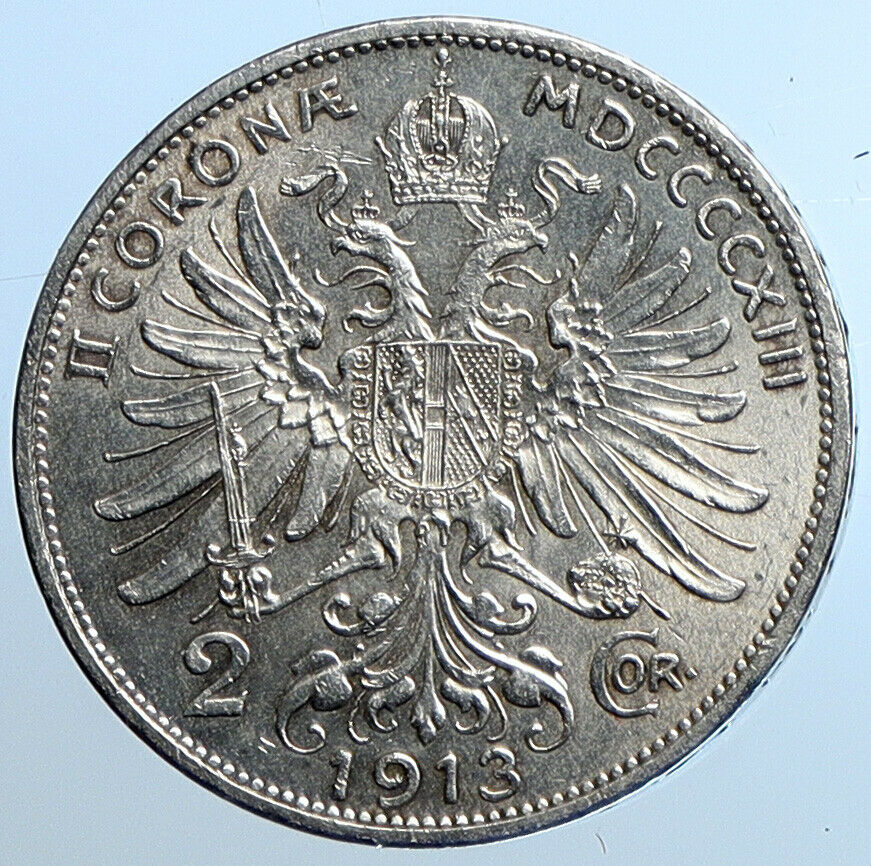 1913 AUSTRIA KING FRANZ JOSEPH I Eagle Antique OLD Silver 2 Corona Coin i110222