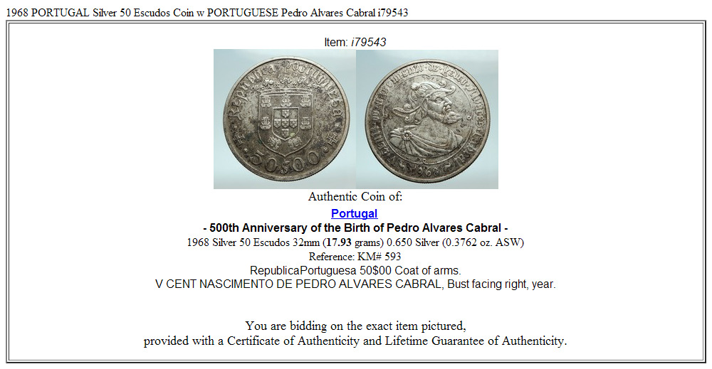 1968 PORTUGAL Silver 50 Escudos Coin w PORTUGUESE Pedro Alvares Cabral i79543