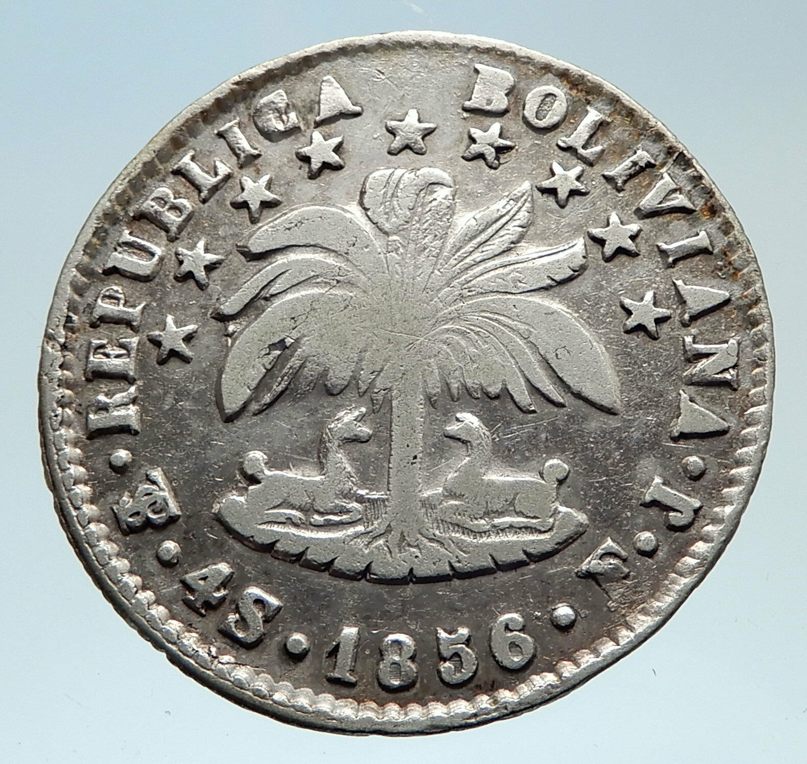 1856 PTS FJ Bolivia LARGE SIMON BOLIVAR Genuine 4 Sol Silver Coin i75328