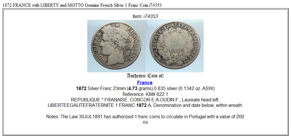 1872 FRANCE with LIBERTY and MOTTO Genuine French Silver 1 Franc Coin i74353