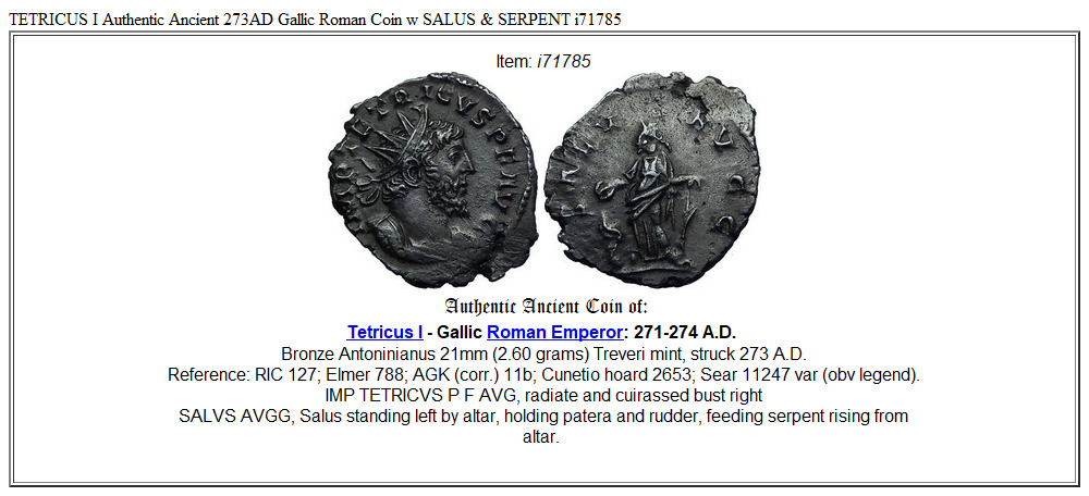 TETRICUS I Authentic Ancient 273AD Gallic Roman Coin w SALUS & SERPENT i71785