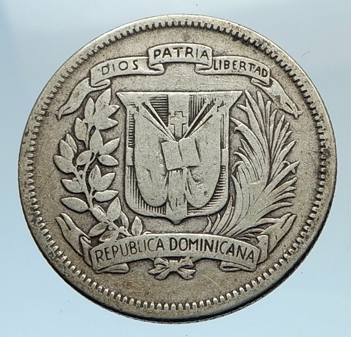1947 DOMINICAN REPUBLIC Silver Liberty LIBERTO Arms Antique Silver Coin i74356