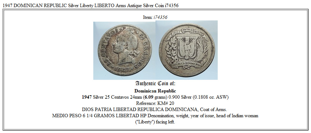 1947 DOMINICAN REPUBLIC Silver Liberty LIBERTO Arms Antique Silver Coin i74356
