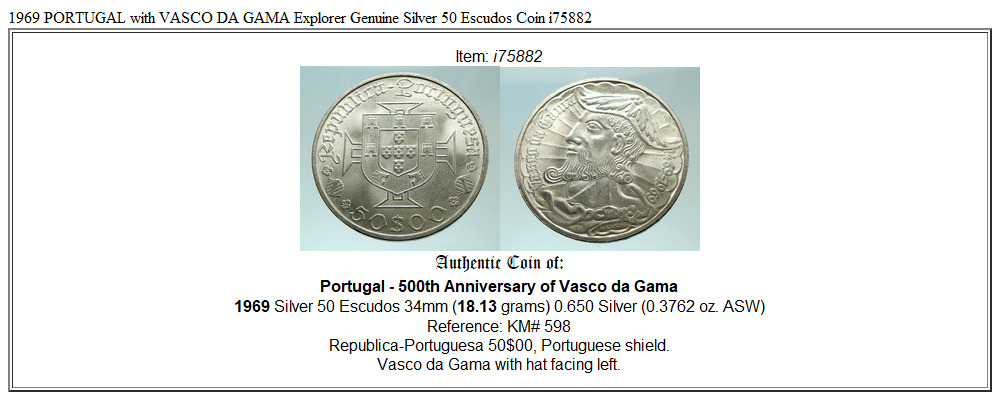 1969 PORTUGAL with VASCO DA GAMA Explorer Genuine Silver 50 Escudos Coin i75882