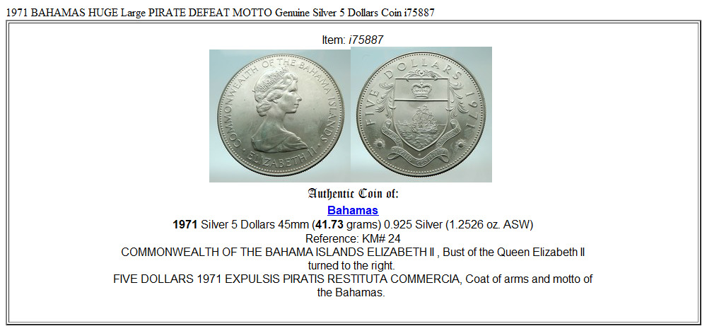 1971 BAHAMAS HUGE Large PIRATE DEFEAT MOTTO Genuine Silver 5 Dollars Coin i75887