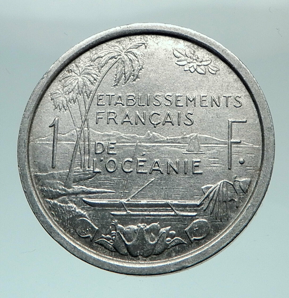 1949 FRENCH OCEANIA / POLYNESIA Island Palms Genuine Antique 1 Franc Coin i80241