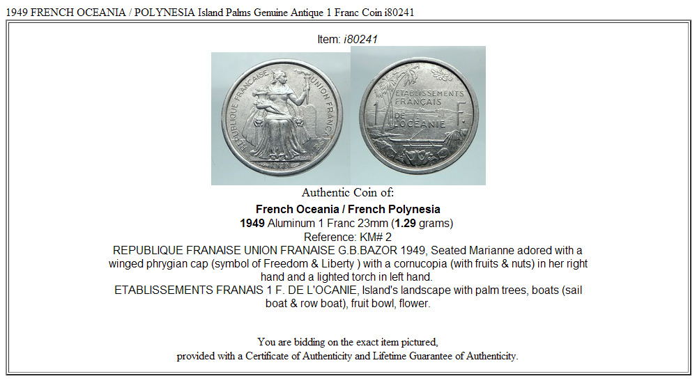 1949 FRENCH OCEANIA / POLYNESIA Island Palms Genuine Antique 1 Franc Coin i80241