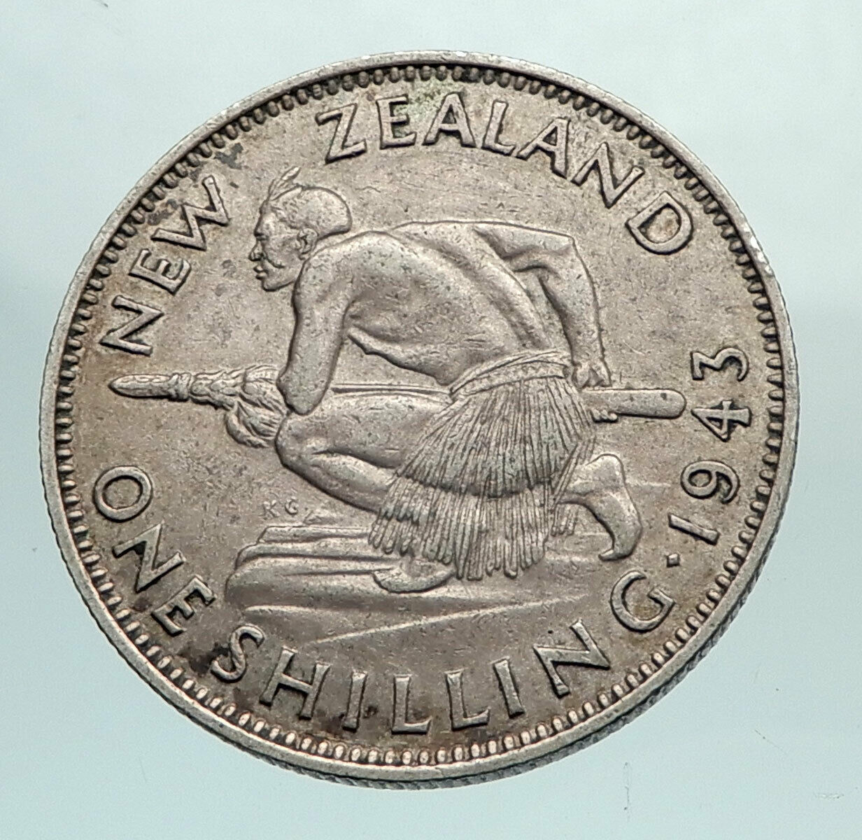 1943 NEW ZEALAND UK GEORGE VI Native Maori Warrior Silver Shilling Coin i80111