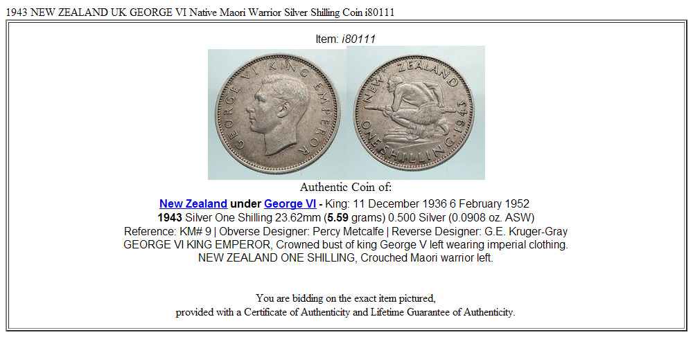 1943 NEW ZEALAND UK GEORGE VI Native Maori Warrior Silver Shilling Coin i80111