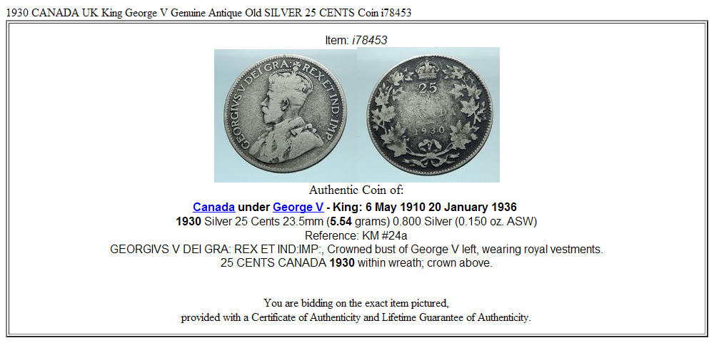 1930 CANADA UK King George V Genuine Antique Old SILVER 25 CENTS Coin i78453