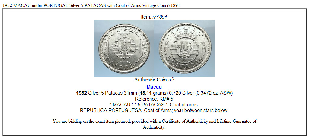 1952 MACAU under PORTUGAL Silver 5 PATACAS with Coat of Arms Vintage Coin i71891