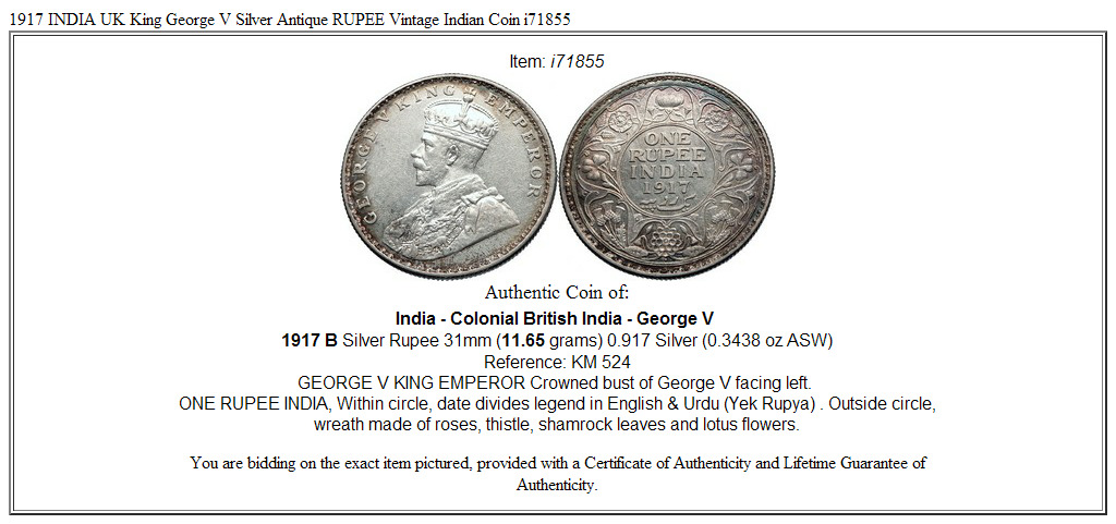 1917 INDIA UK King George V Silver Antique RUPEE Vintage Indian Coin i71855