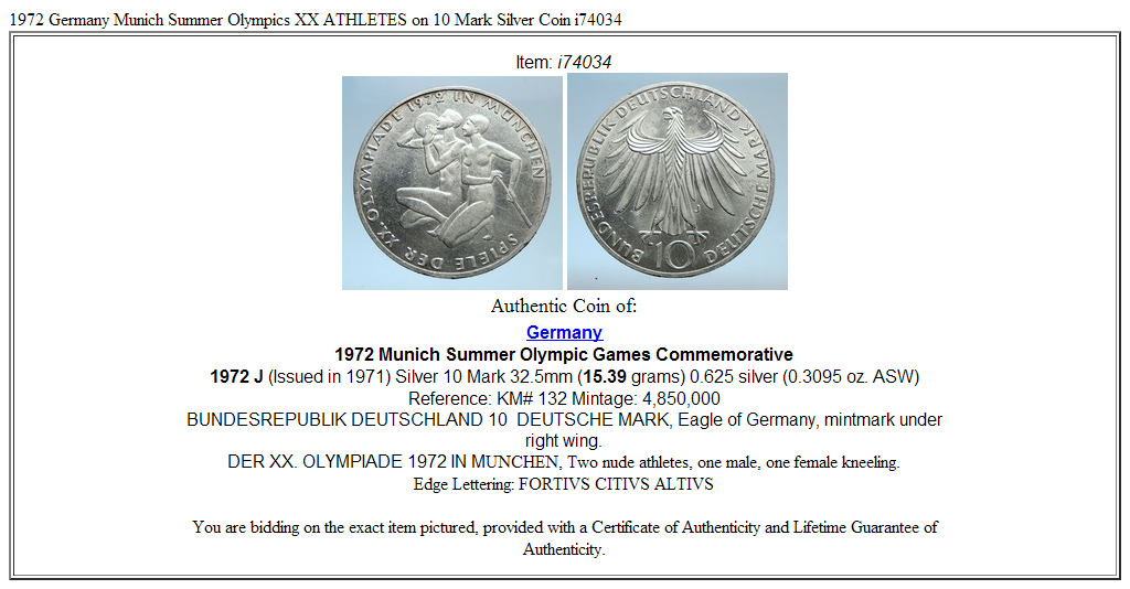 1972 Germany Munich Summer Olympics XX ATHLETES on 10 Mark Silver Coin i74034