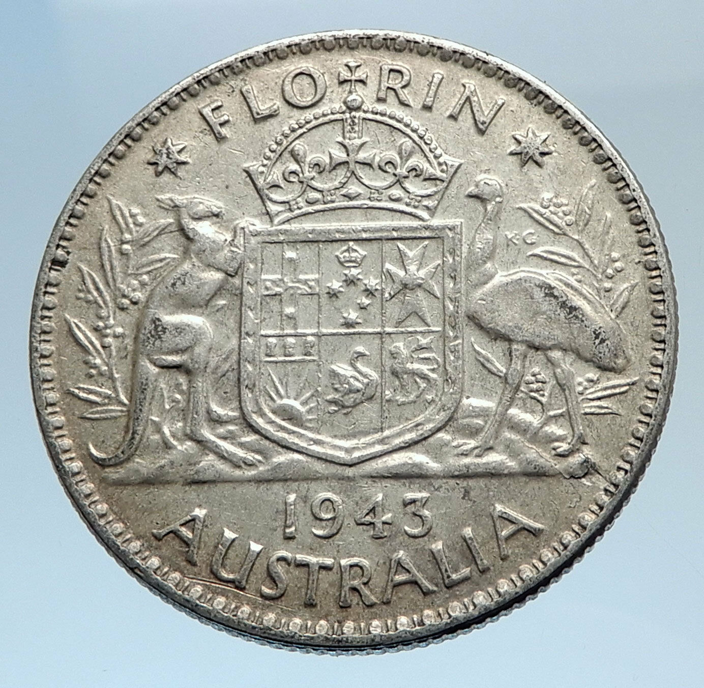 1943 AUSTRALIA Large King George VI Kangaroos Antique Silver Florin Coin i74290