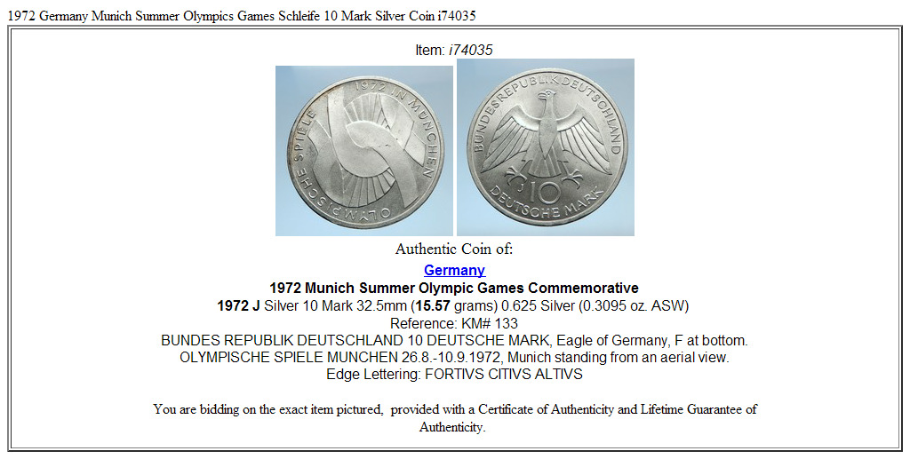 1972 Germany Munich Summer Olympics Games Schleife 10 Mark Silver Coin i74035