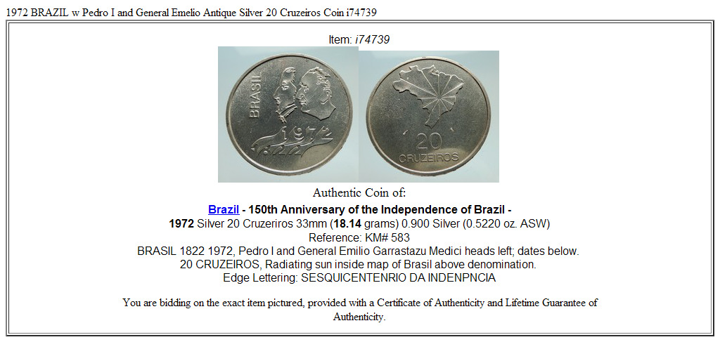 1972 BRAZIL w Pedro I and General Emelio Antique Silver 20 Cruzeiros Coin i74739