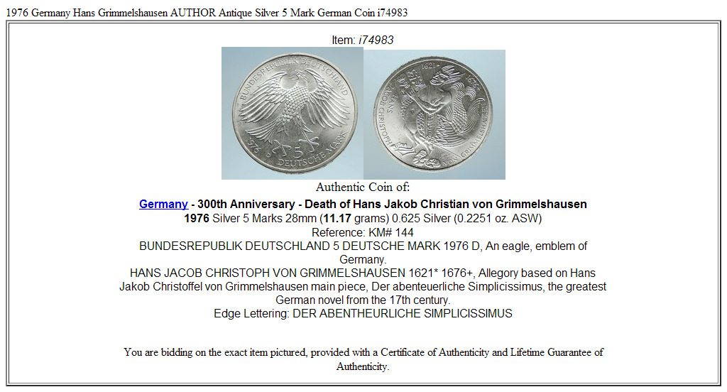 1976 Germany Hans Grimmelshausen AUTHOR Antique Silver 5 Mark German Coin i74983