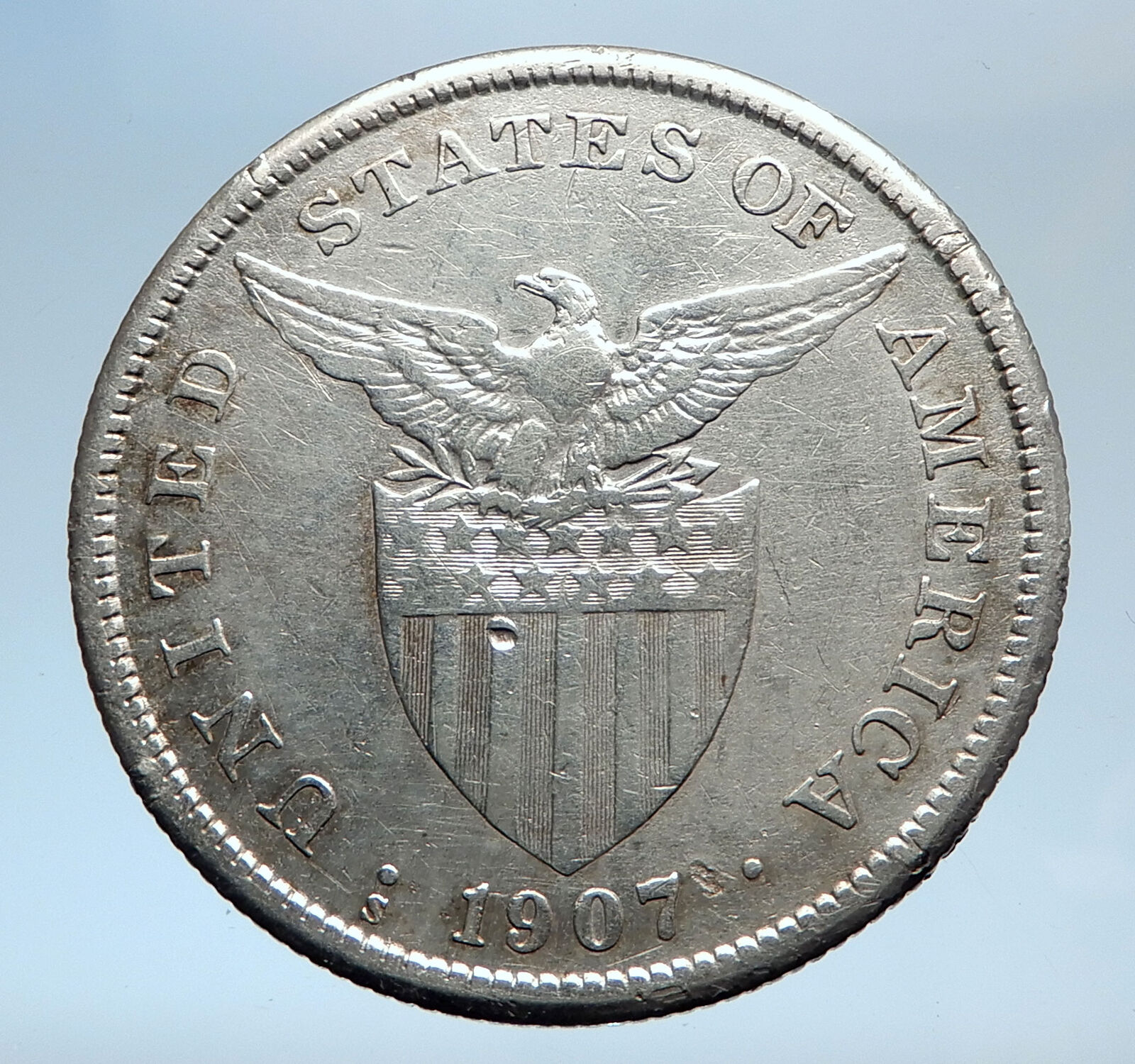 1907 S PHILIPPINES Under US Administration w Eagle Silver PESO Coin i74025