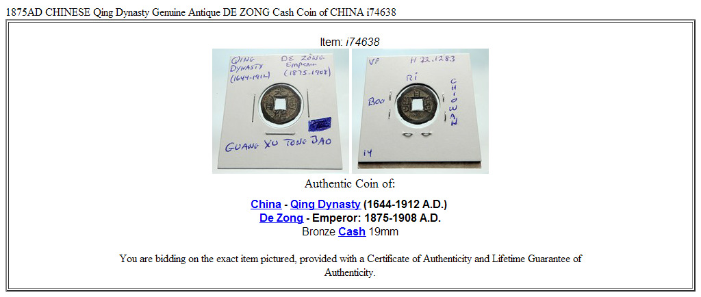 1875AD CHINESE Qing Dynasty Genuine Antique DE ZONG Cash Coin of CHINA i74638