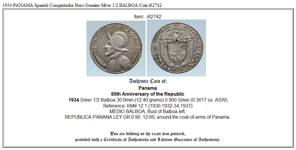 1934 PANAMA Spanish Conquistador Hero Genuine Silver 1/2 BALBOA Coin i82742