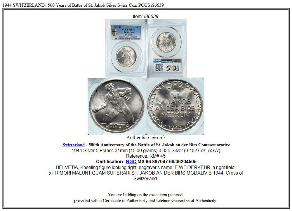 1944 SWITZERLAND- 500 Years of Battle of St. Jakob Silver Swiss Coin PCGS i86639