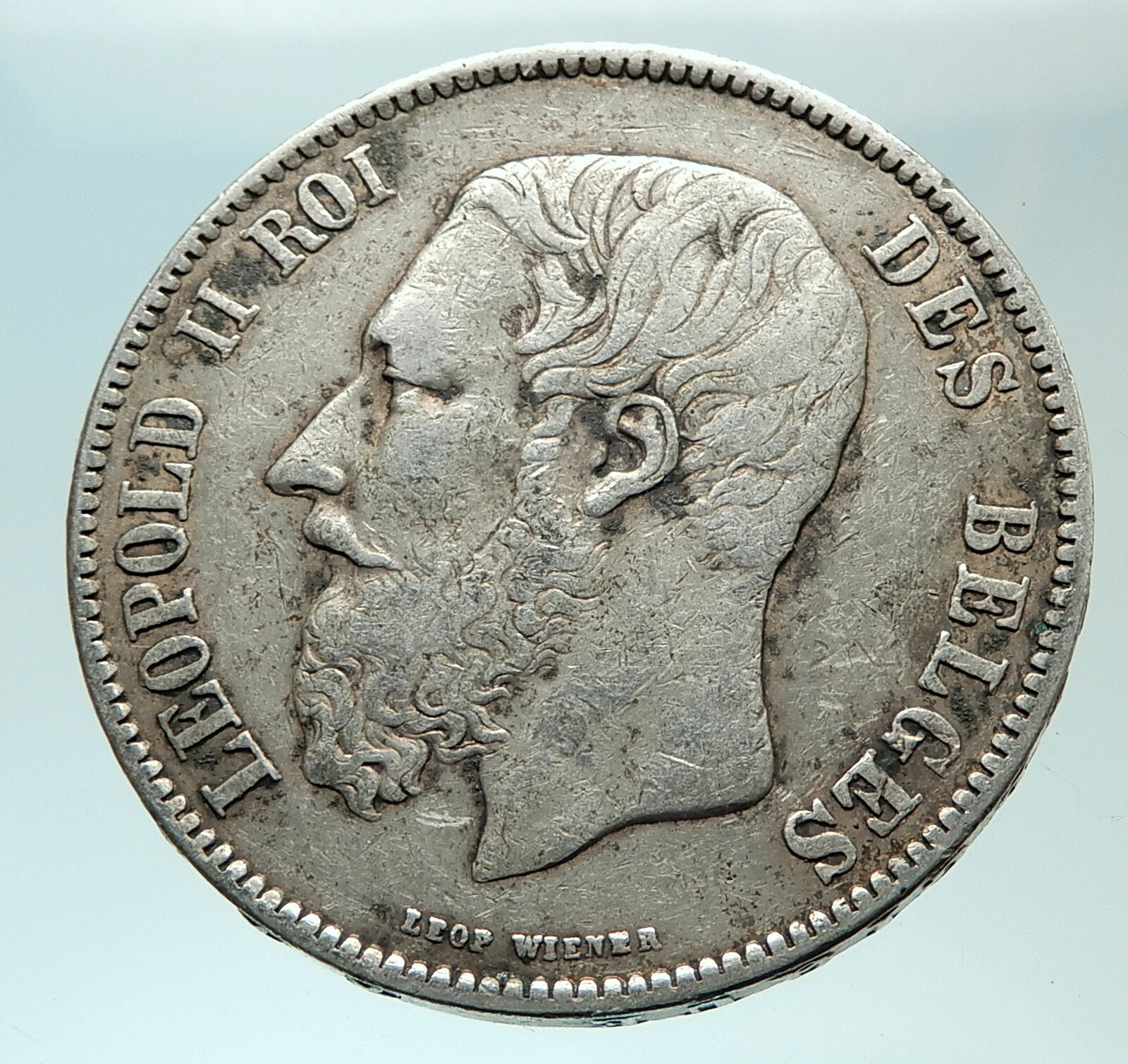 1870 BELGIUM with King LEOPOLD II and LION Genuine Silver 5 Francs Coin i75941