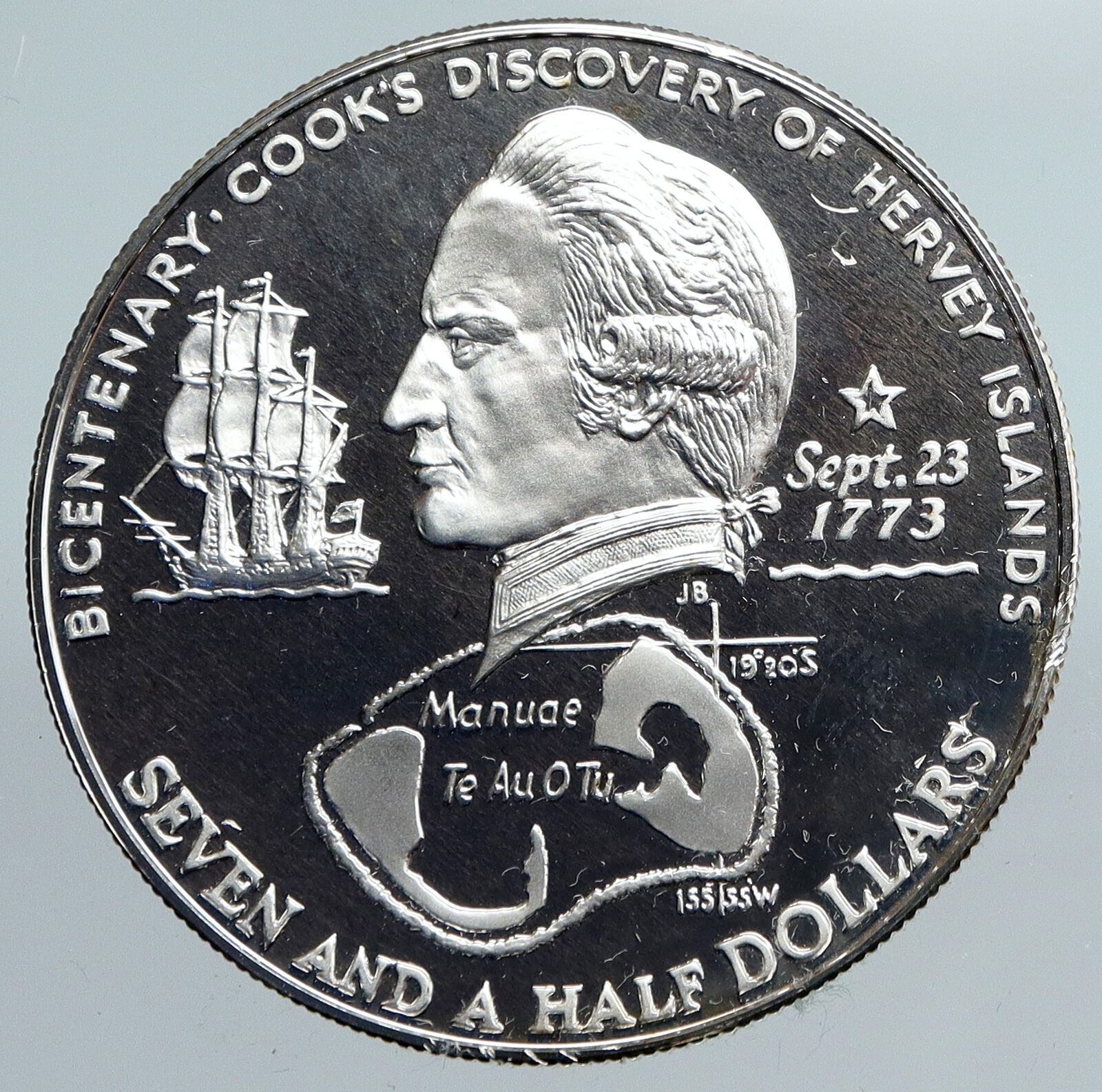 1973 COOK ISLANDS Elizabeth II James Cook Proof Silver 7 1/2 Dollar Coin i89992