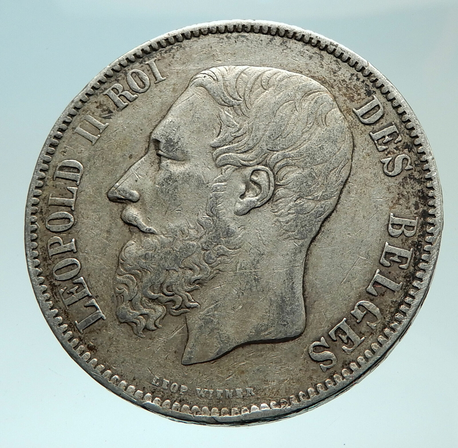 1873 BELGIUM with King LEOPOLD II and LION Genuine Silver 5 Francs Coin i75946