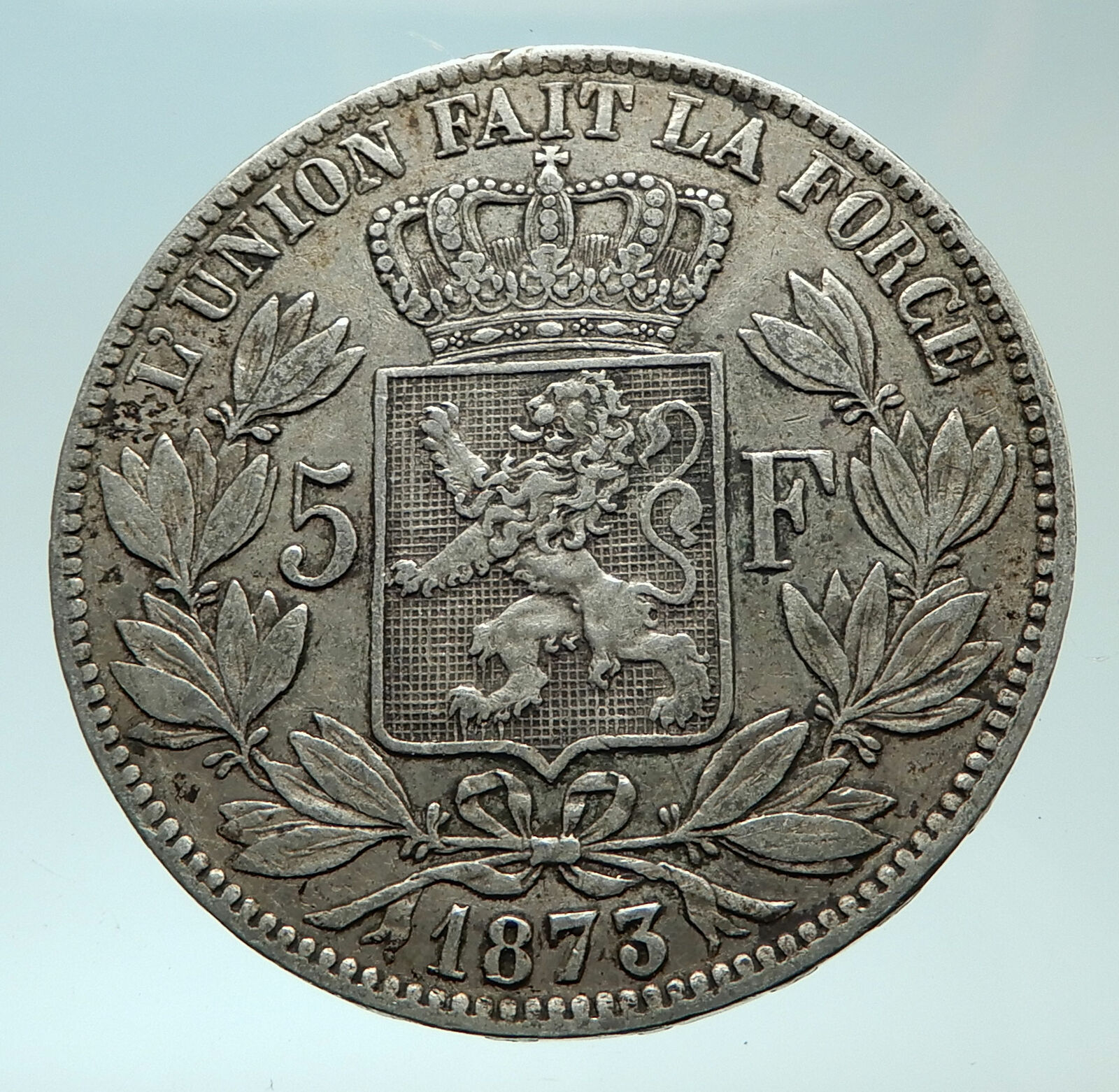 1873 BELGIUM with King LEOPOLD II and LION Genuine Silver 5 Francs Coin i75946