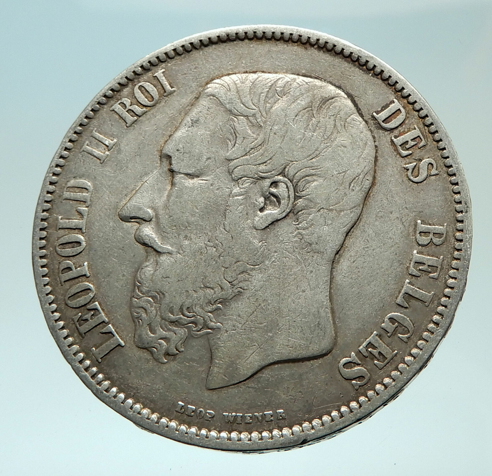 1868 BELGIUM with King LEOPOLD II and LION Genuine Silver 5 Francs Coin i75935