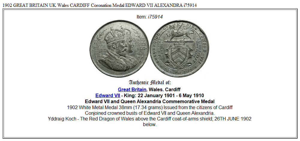 1902 GREAT BRITAIN UK Wales CARDIFF Coronation Medal EDWARD VII ALEXANDRA i75914