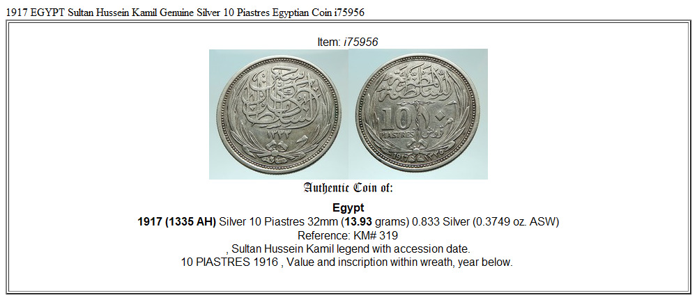 1917 EGYPT Sultan Hussein Kamil Genuine Silver 10 Piastres Egyptian Coin i75956