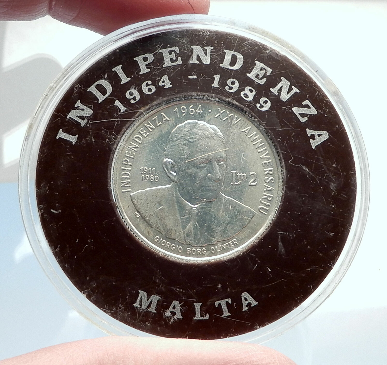 1989 MALTA Independence Prime Minister GIORGIO BORG OLIVIER Silver Coin i74058