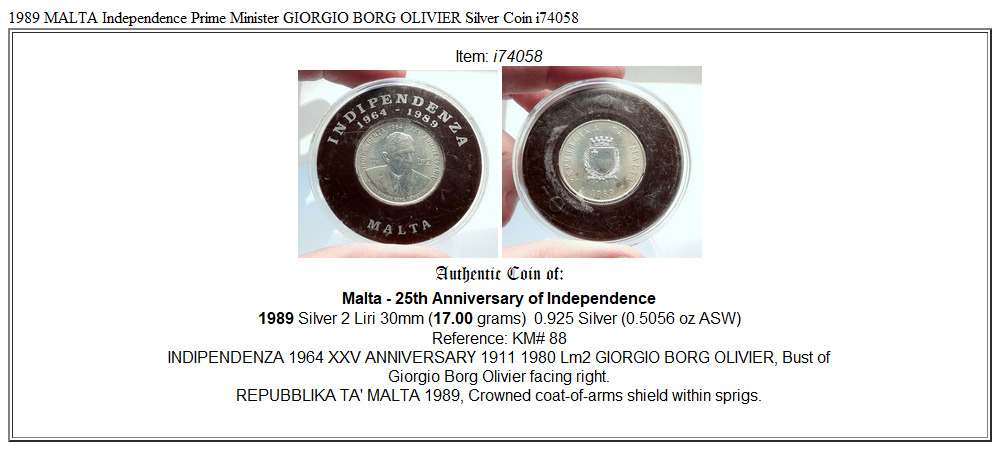 1989 MALTA Independence Prime Minister GIORGIO BORG OLIVIER Silver Coin i74058