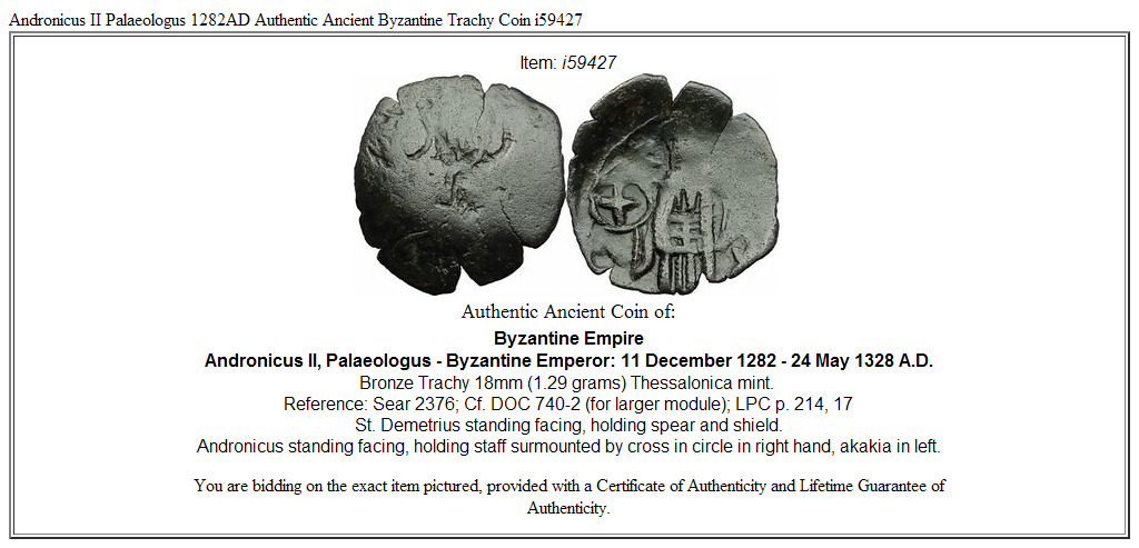 Andronicus II Palaeologus 1282AD Authentic Ancient Byzantine Trachy Coin i59427