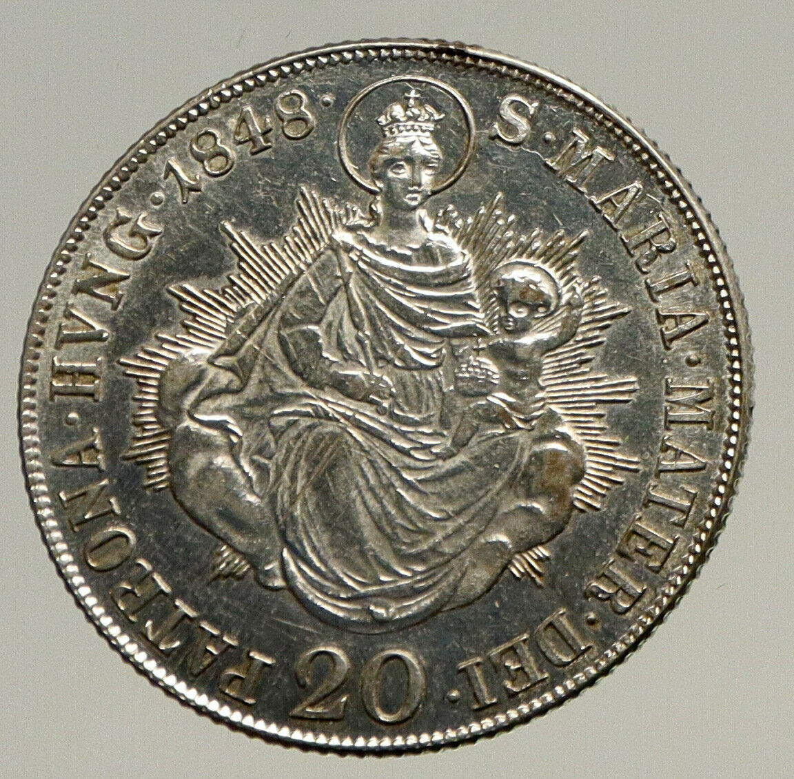 1848 B HUNGARY King Ferdinand V MADONNA Antique Silver 20 Krajczar Coin i93458