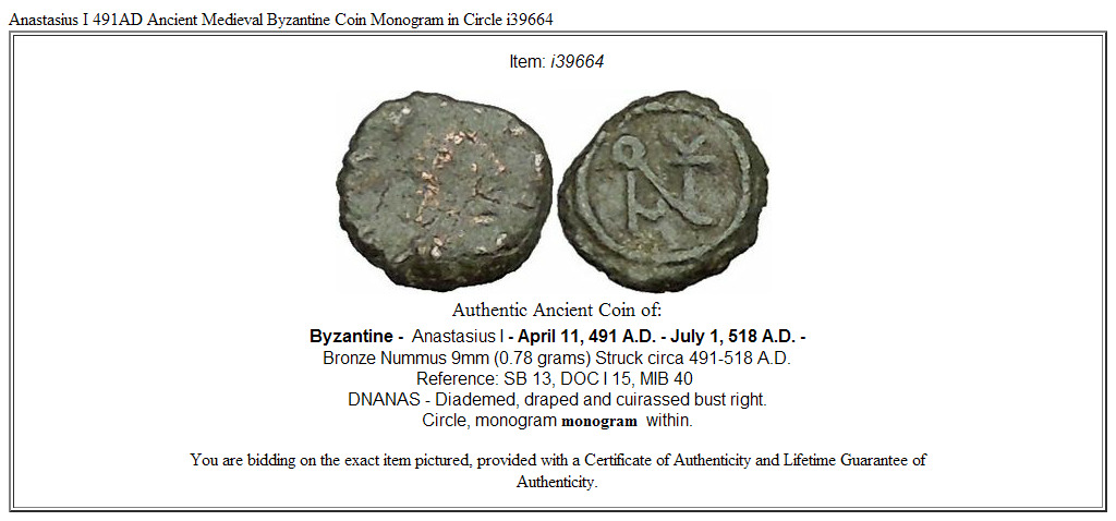 Anastasius I 491AD Ancient Medieval Byzantine Coin Monogram in Circle i39664