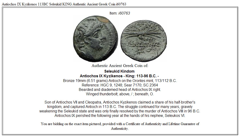 Antiochos IX Kyzikenos 113BC Seleukid KING Authentic Ancient Greek Coin i60763
