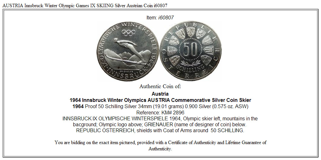 AUSTRIA Innsbruck Winter Olympic Games IX SKIING Silver Austrian Coin i60807